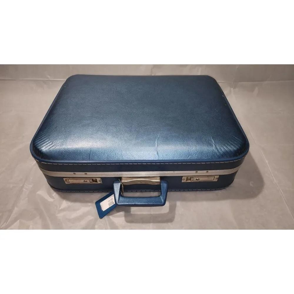 Vintage Blue 2 Piece Nesting Luggage Set with Train Case Mid Century